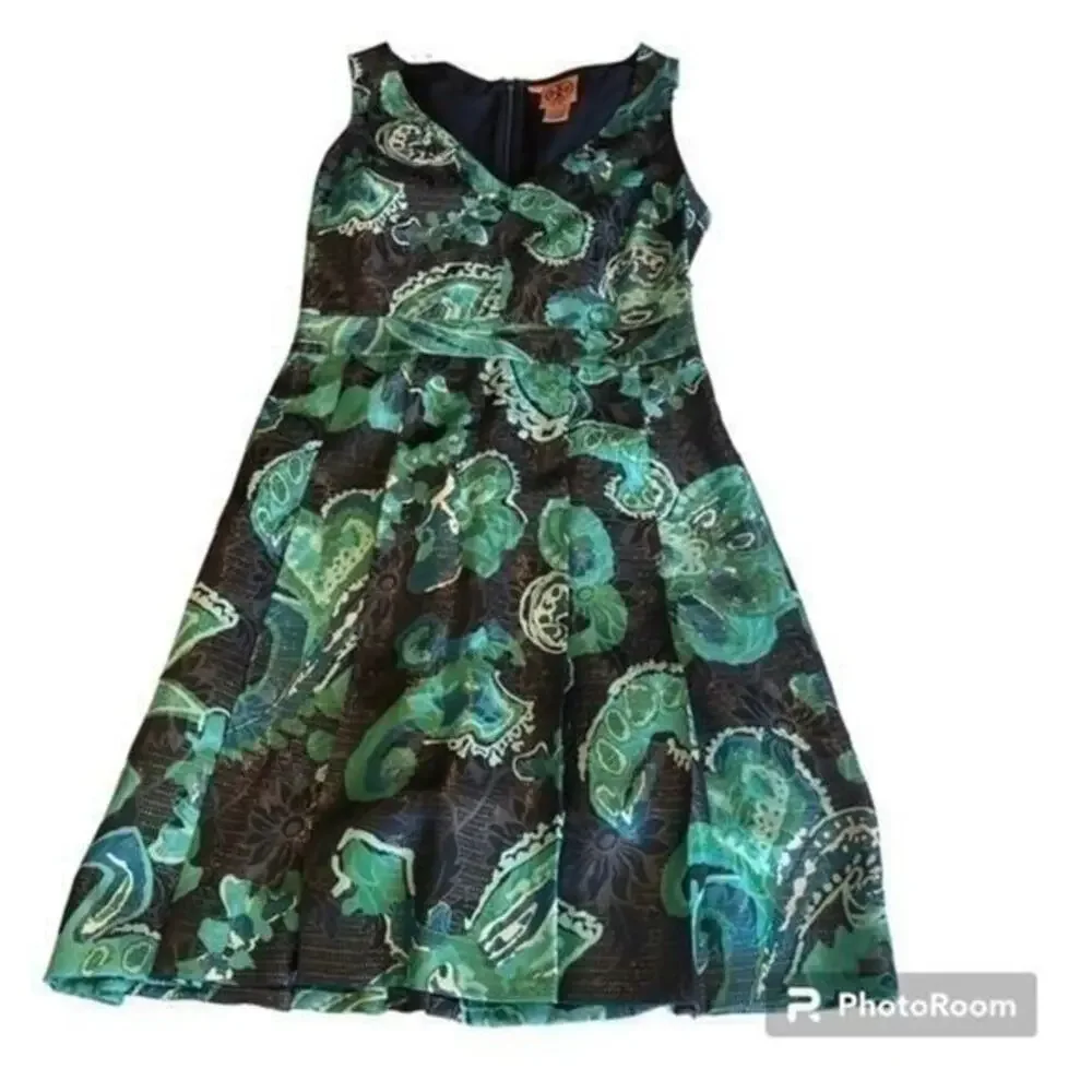 Tory Burch Silk Blend Sleeveless Fit & Flare Dress Green Blue Paisley Print